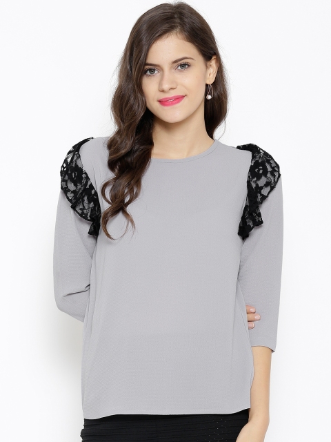 

SASSAFRAS Women Grey Georgette Lace Detail Textured Top