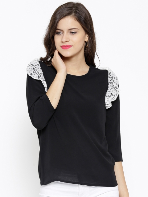 

SASSAFRAS Women Black Georgette Solid Top