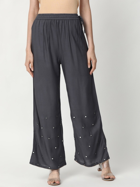 

V2 Value & Variety Women Grey & Transparent Embellished Knitted Ethnic Palazzos