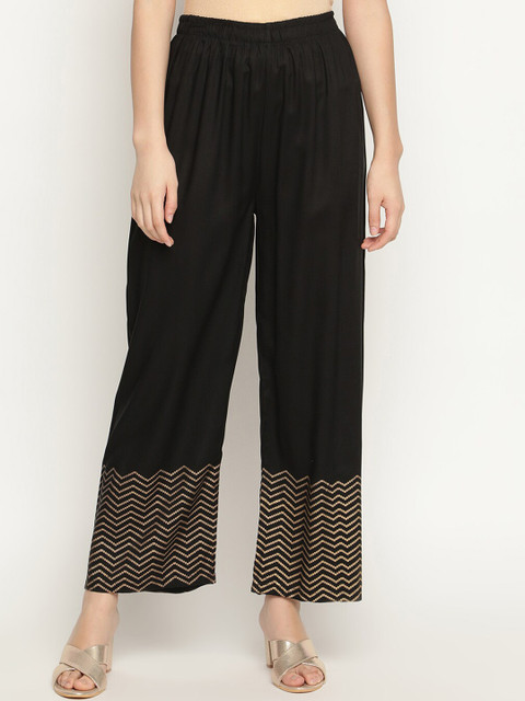 

V2 Value & Variety Women Black & Gold-Toned Striped Flared Knitted Ethnic Palazzos