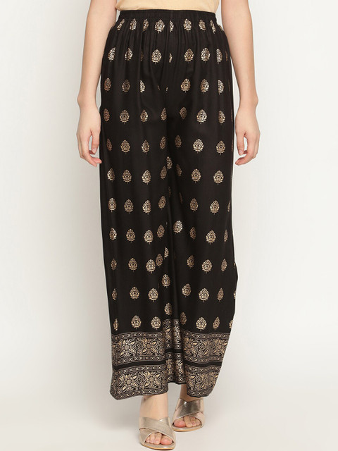 

V2 Value & Variety Women Black & Gold-Toned Ethnic Motifs Foil Printed Ethnic Palazzos