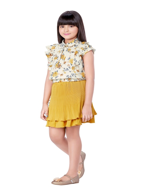 

Tiny Baby Girls Mustard & White Printed Top with Skirt