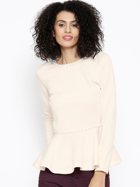 

SASSAFRAS Women Off-White Solid Peplum Top