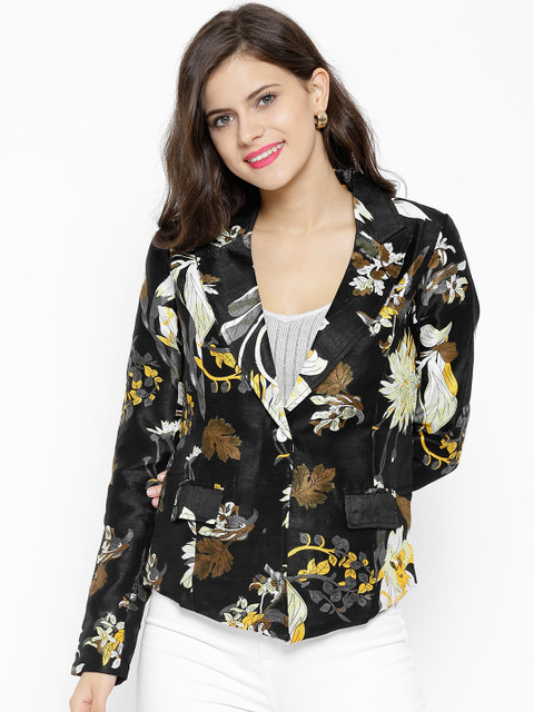 

SASSAFRAS Black Floral Print Single-Breasted Slim Casual Blazer