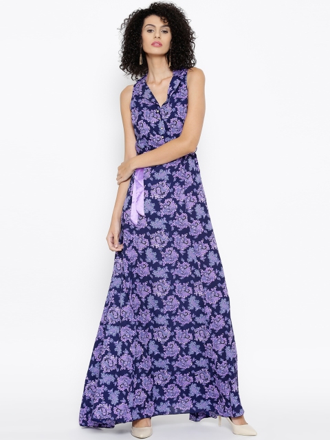 

SASSAFRAS Women Navy Printed Maxi Dress, Navy blue