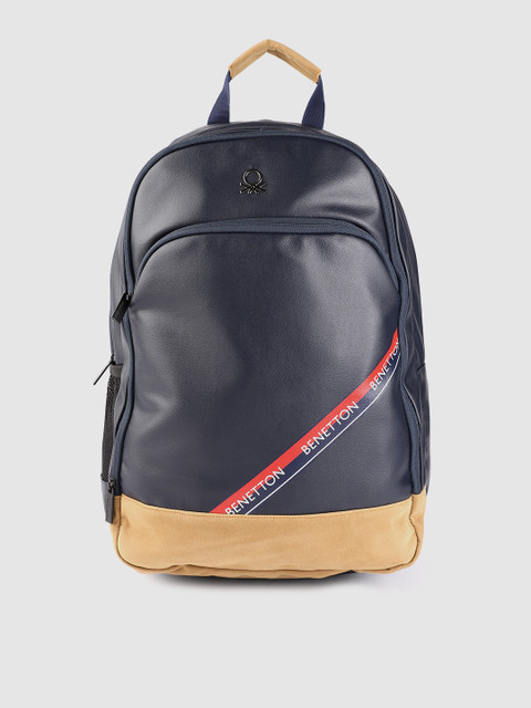 

United Colors of Benetton Unisex Navy Blue & Tan Brown Brand Logo 16 Inch Laptop Backpack