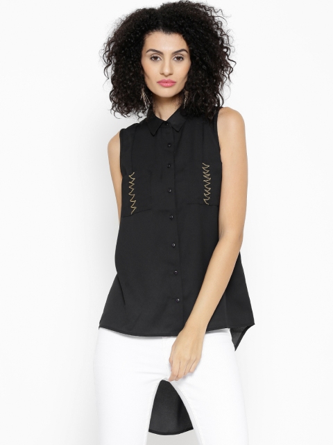 

SASSAFRAS Women Black Solid High-Low Shirt