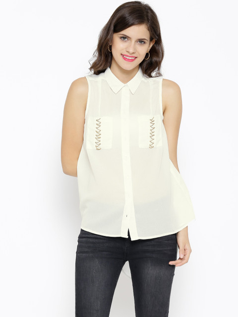 

SASSAFRAS Women White Semi-Sheer Shirt