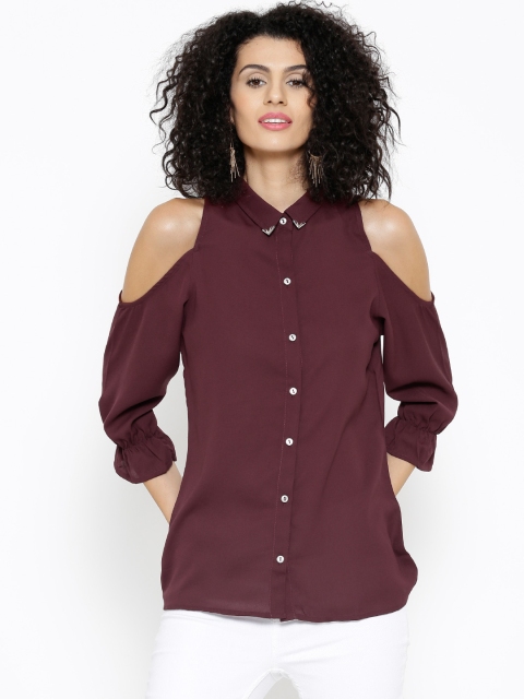 

SASSAFRAS Women Maroon Cold-Shoulder Shirt