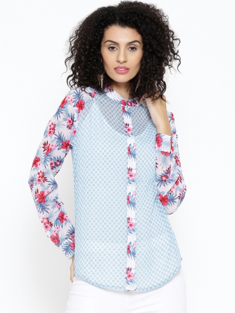 

SASSAFRAS Women Blue Printed Sheer Shirt