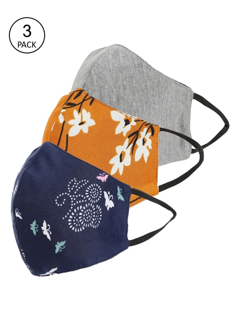 

THREAD MUSTER Women Pack Of 3 3-Ply Cotton Reusable Cloth Masks, Navy blue