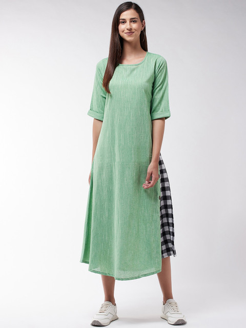 

InWeave Green A-Line Midi Dress with Checked Panel