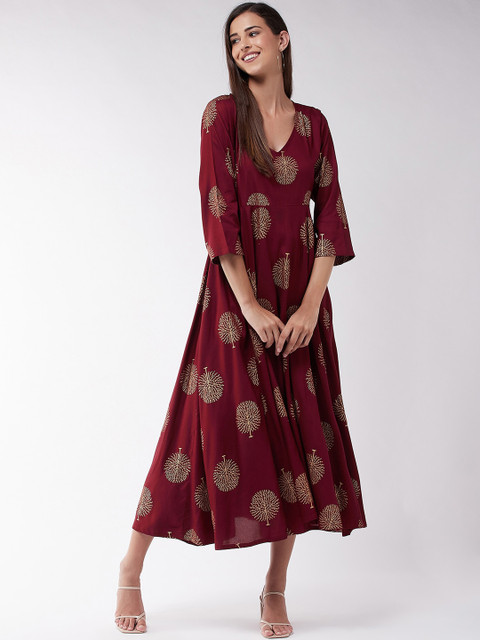 

InWeave Maroon Ethnic Motifs Midi Dress