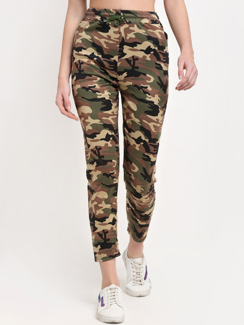 

NEUDIS Women Olive Green & Brown Camouflage Printed Slim-Fit Cotton Track pants