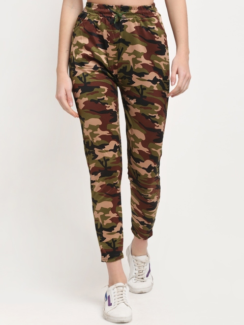 

NEUDIS Women Olive-Green & Beige Camouflage Printed Cotton Slim-Fit Track Pants