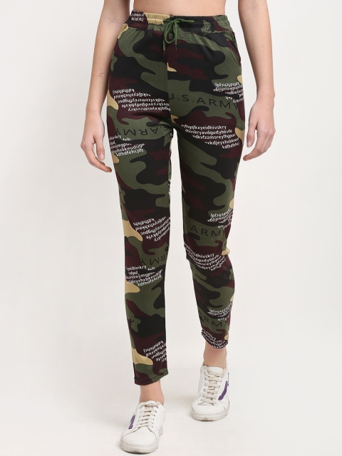 

NEUDIS Women Olive Green & Black Camouflage Slim-fit Cotton Track Pants