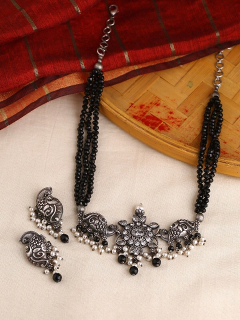 

Infuzze Oxidized Silver-Plated Black & Off-white Beaded Jewellery Set