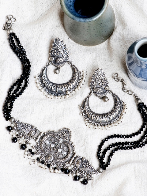 

Infuzze Oxidised Silver-Plated Black Beaded Jewellery Set