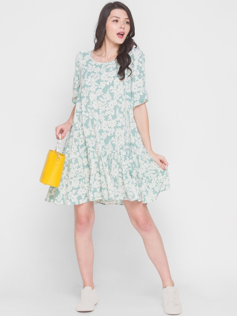 

TERQUOIS Green & White Floral Drop-Waist Dress