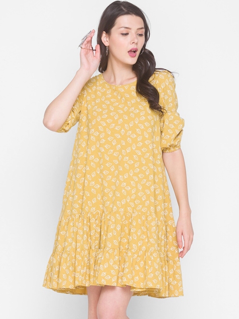 

TERQUOIS Mustard Yellow & White Floral Drop-Waist Dress