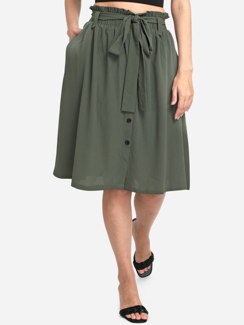 

Fbella Women Olive Green Solid A-Line Midi Skirt
