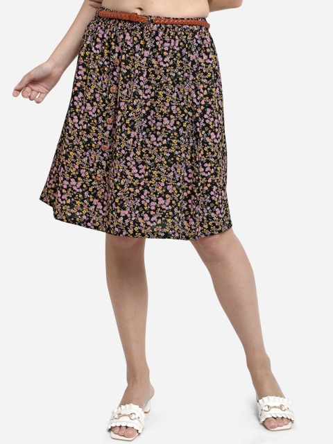 

Fbella Women Black & Pink Floral Printed Knee-Length A-Line Skirt