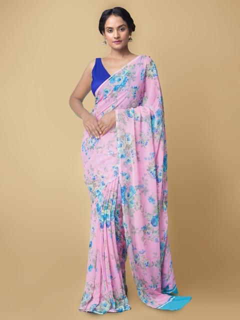 

Unnati Silks Pink & Blue Floral Patola Saree