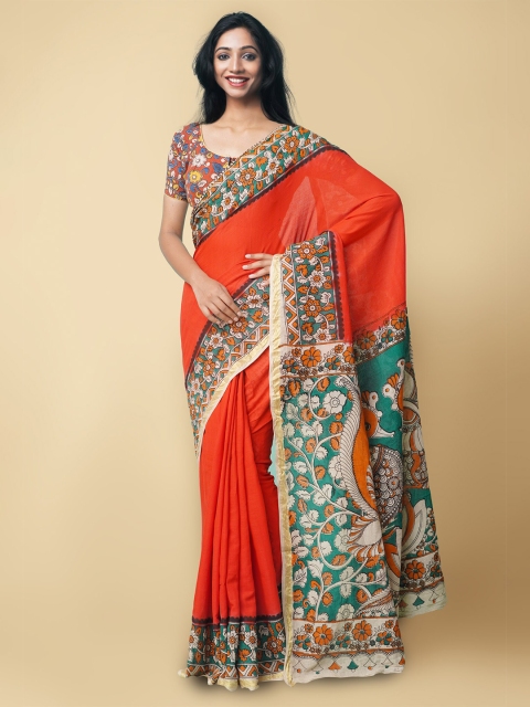 

Unnati Silks Red & Green Kalamkari Pure Cotton Saree