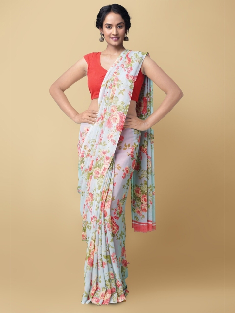 

Unnati Silks Grey & Green Floral Poly Chiffon Patola Saree