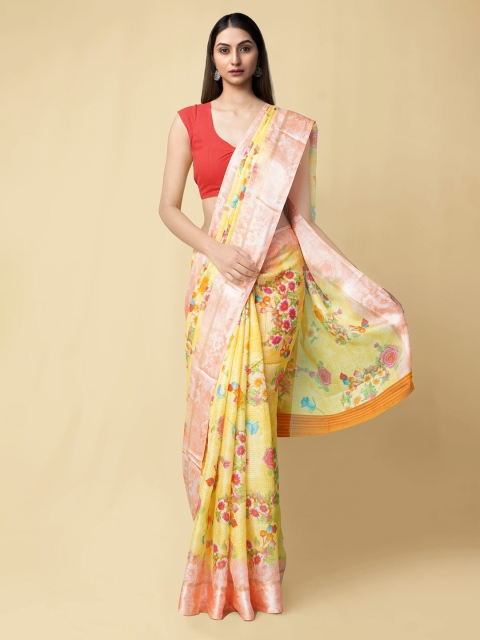 

Unnati Silks Yellow & Pink Floral Zari Organza Kota Handloom Saree