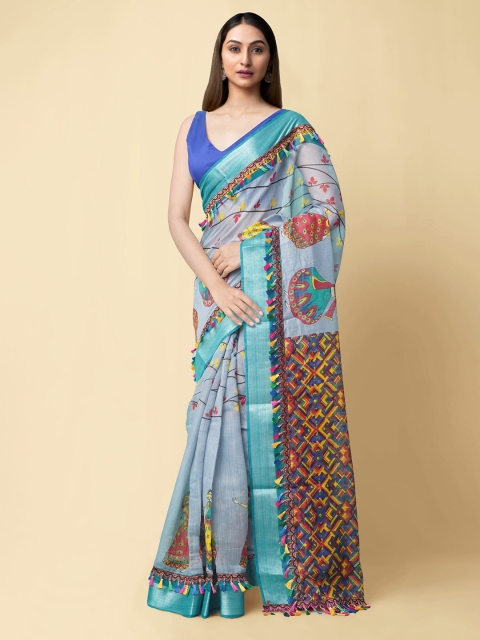 

Unnati Silks Blue & Yellow Floral Linen Blend Jamdani Saree
