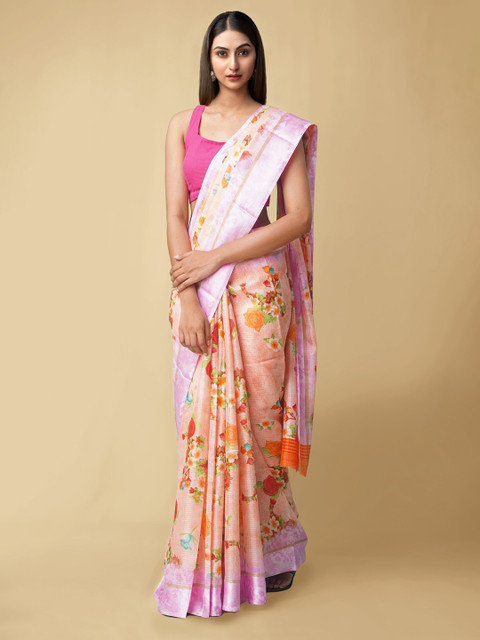 

Unnati Silks Peach-Coloured & Pink Floral Organza Handloom Kota Saree