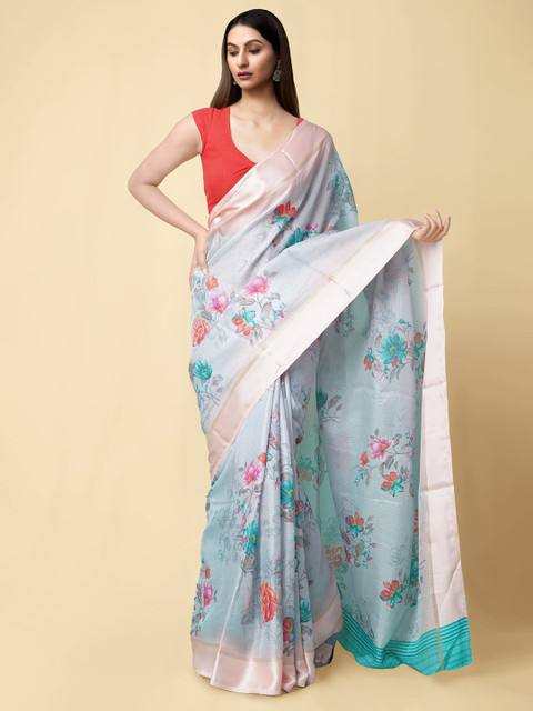 

Unnati Silks Grey & Blue Floral Zari Organza Kota Saree