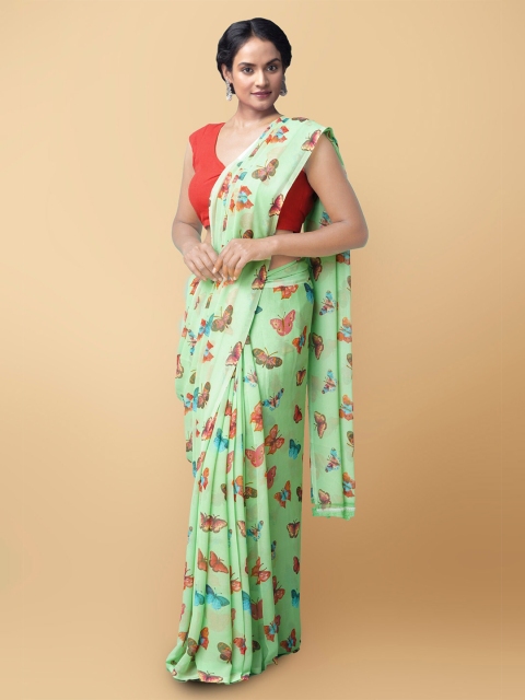 

Unnati Silks Green Butterfly Printed Poly Chiffon Patola Saree