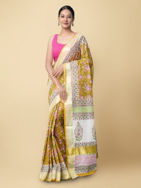 

Unnati Silks Women Orange Pure Hand Block Printed Kerala Cotton Sustainable Saree