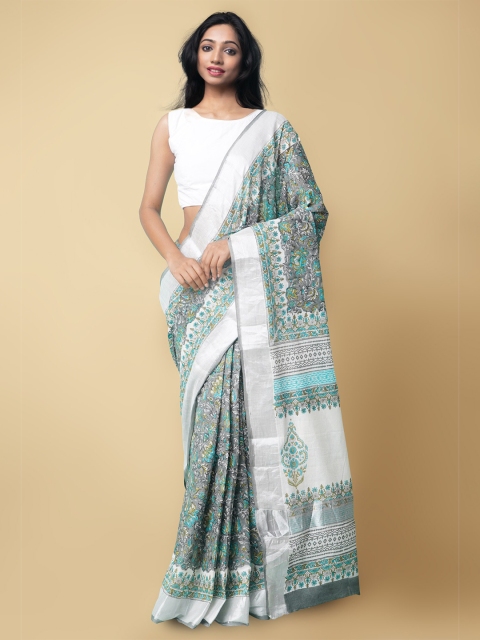 

Unnati Silks Grey & Sea Green Ethnic Motifs Pure Cotton Kasavu Handloom Saree