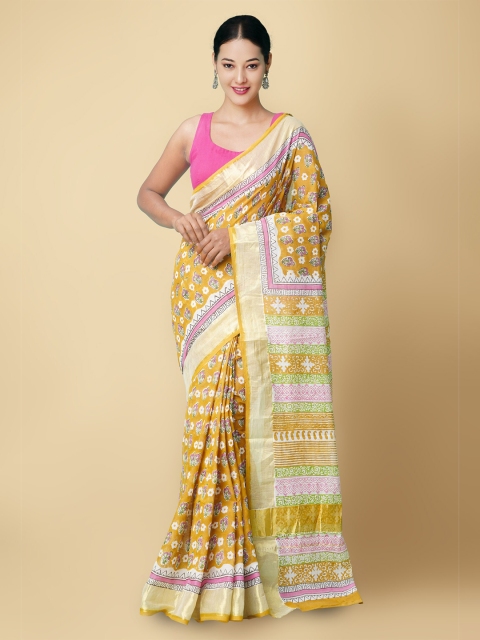 

Unnati Silks Women Orange & Pink Pure Hand Block Printed Kerala Cotton Sustainable Saree