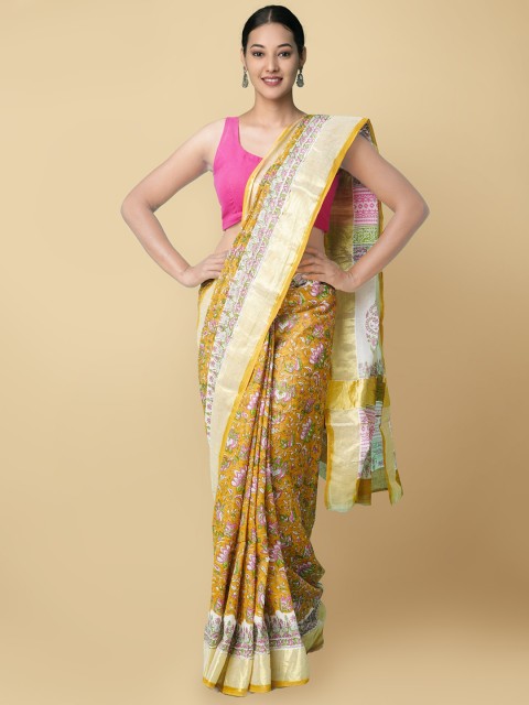 

Unnati Silks Women Orange & Fuchsia Pure Hand Block Printed Kerala Cotton Sustainable Saree