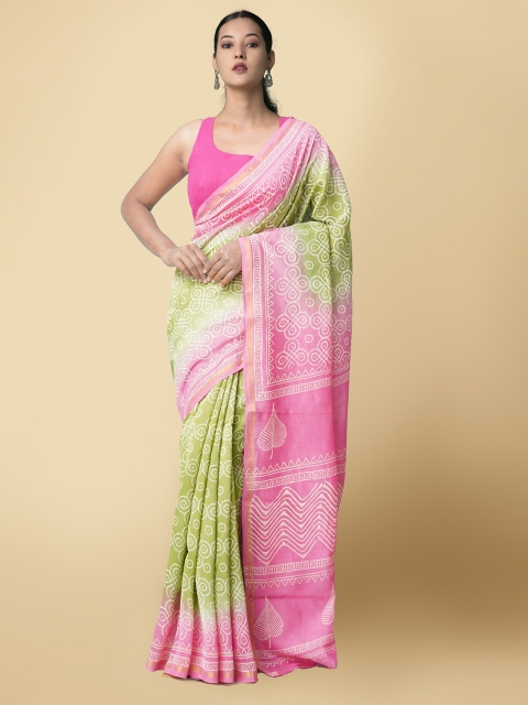 

Unnati Silks Green & Pink Ethnic Motifs Silk Cotton Chanderi Saree