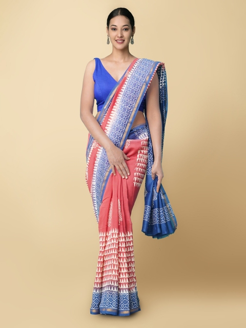 

Unnati Silks Women Red & Blue Pure Block Printed Chanderi Sico Sustainable Saree