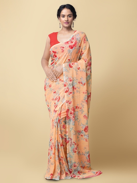 

Unnati Silks Peach-Coloured & Red Floral Patola Saree