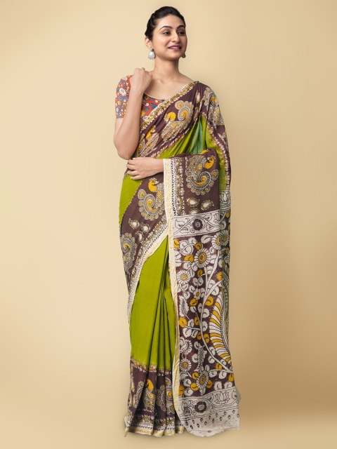 

Unnati Silks Green & Brown Kalamkari Pure Cotton Block Print Saree