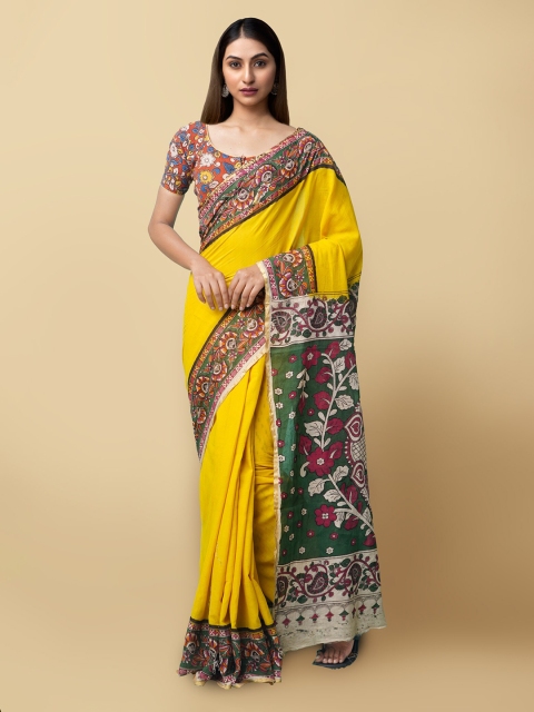 

Unnati Silks Yellow & Green Kalamkari Pure Cotton Saree