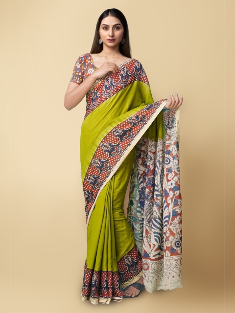 

Unnati Silks Green & Red Kalamkari Pure Cotton Saree