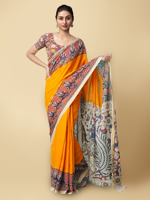 

Unnati Silks Orange & Blue Kalamkari Pure Cotton Kanjeevaram Saree