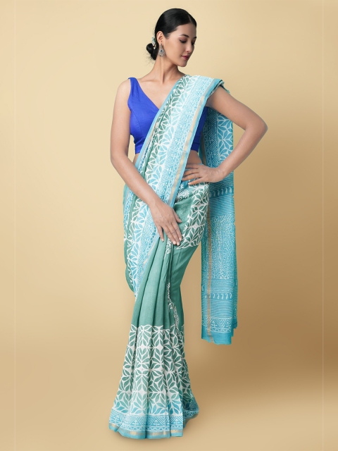 

Unnati Silks Green & White Ethnic Motifs Silk Cotton Chanderi Saree