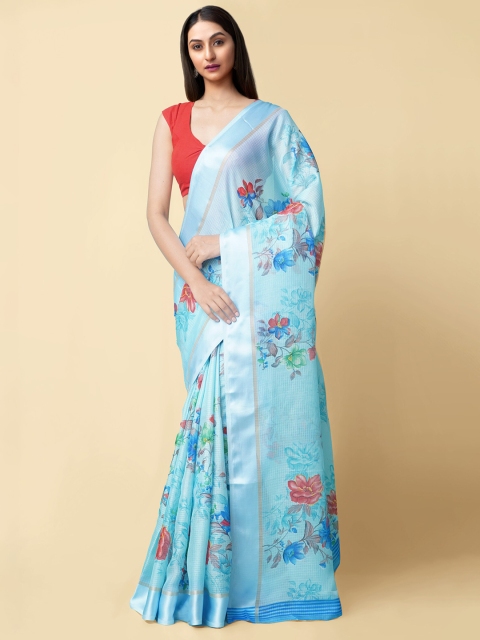 

Unnati Silks Blue & Pink Floral Handloom Organza Kota Saree