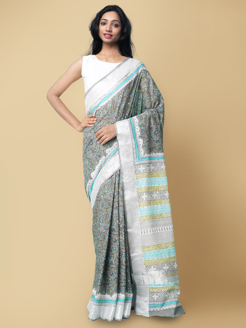 

Unnati Silks Women Grey & Turquoise Blue Pure Hand Block Printed Kerala Cotton Sustainable Saree