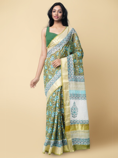 

Unnati Silks Women Green & White Pure Hand Block Printed Kerala Cotton Sustainable Saree