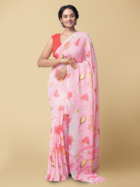 

Unnati Silks Pink Floral Poly Chiffon Patola Saree